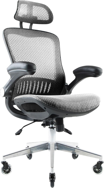 Nouhaus ErgoFlip-Silla de ordenador con rejilla, sillón de escritorio enrollable gris con reposabrazos retráctiles y una rueda de afeitar, silla de oficina