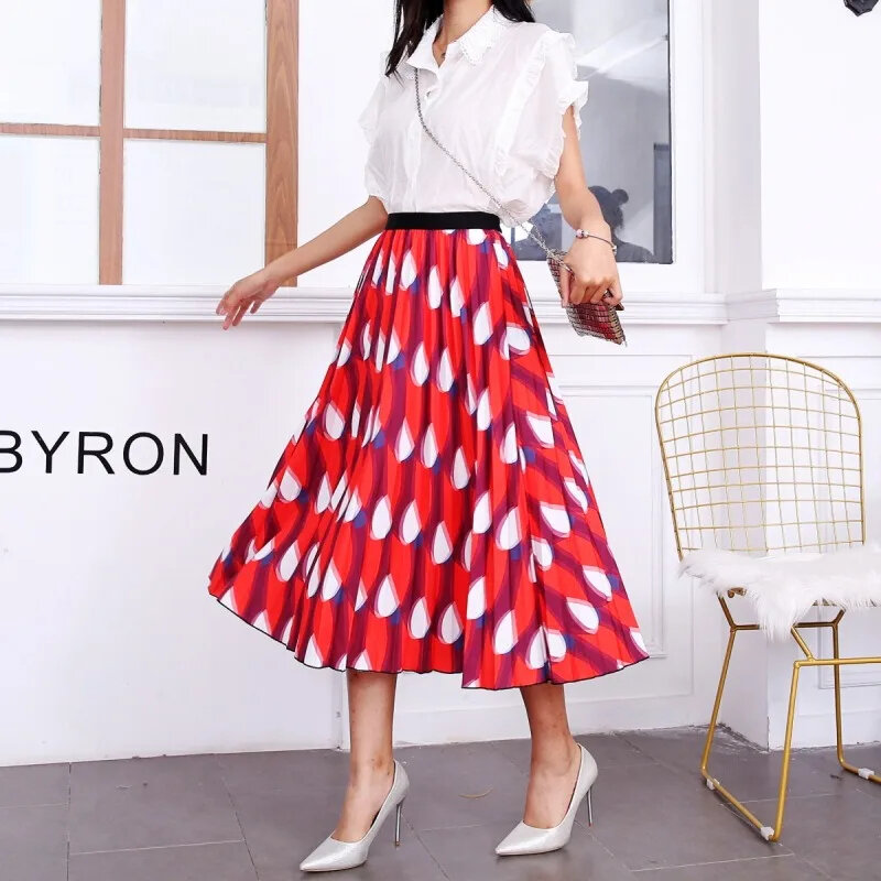 2024 Spring New Fashion Europen Cartoon Flower Printed Pleated Skirt Elegant A-line Casual Midi Skirt Y2k Harajuku Long Skirts