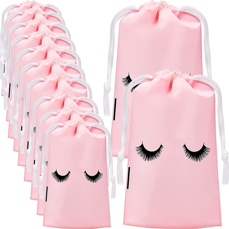 50 Stuks Roze Wimper String Bag Make Pouch Cosmetische Eva Frosted Afdrukken Verpakking Container Met Trekkoord Voor Reizen