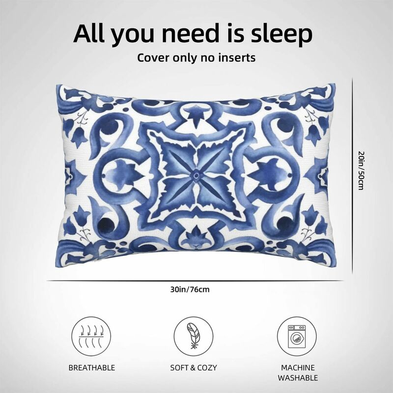 Funda de almohada de azulejo Mediterráneo Floral adornado azul, funda de almohada de poliéster, cojín cómodo, cojines de sofá