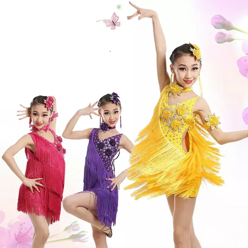Bambino bambino bambini vestito da ballo latino professionale per ragazze abiti da ballo per sala da ballo per bambini nappa di salsa con frange di paillettes rosse