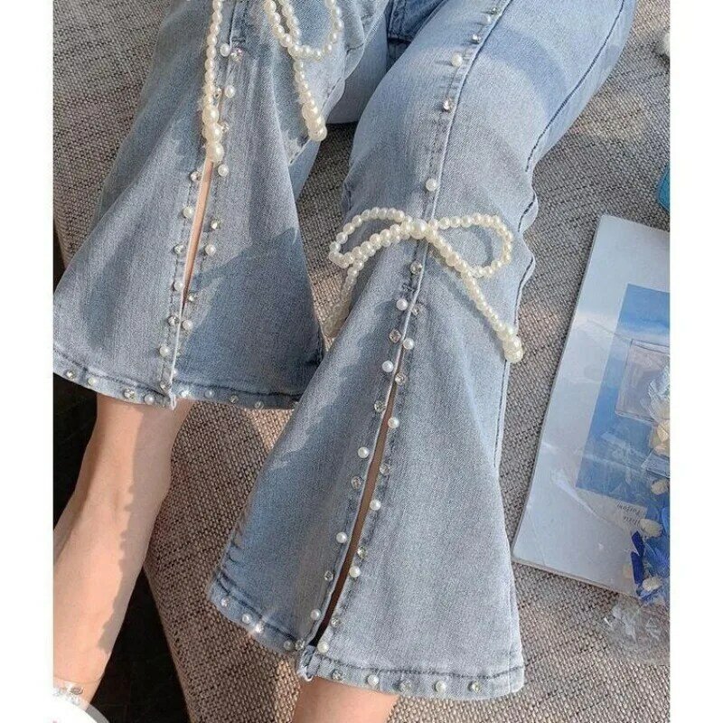 Hoch taillierte Damen Frühjahr und Herbst 2024 neue japanische Lolita Lolita Stil vielseitige Hochleistungs-Jeans mit geteilten Nieten