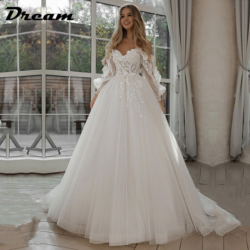 夢-オフショルダーレースドレス、チュールウェディングドレス、ロングパフスリーブ、3Dフラワー、自由奔放に生きる花嫁のドレス、チュール、ノビア、2024