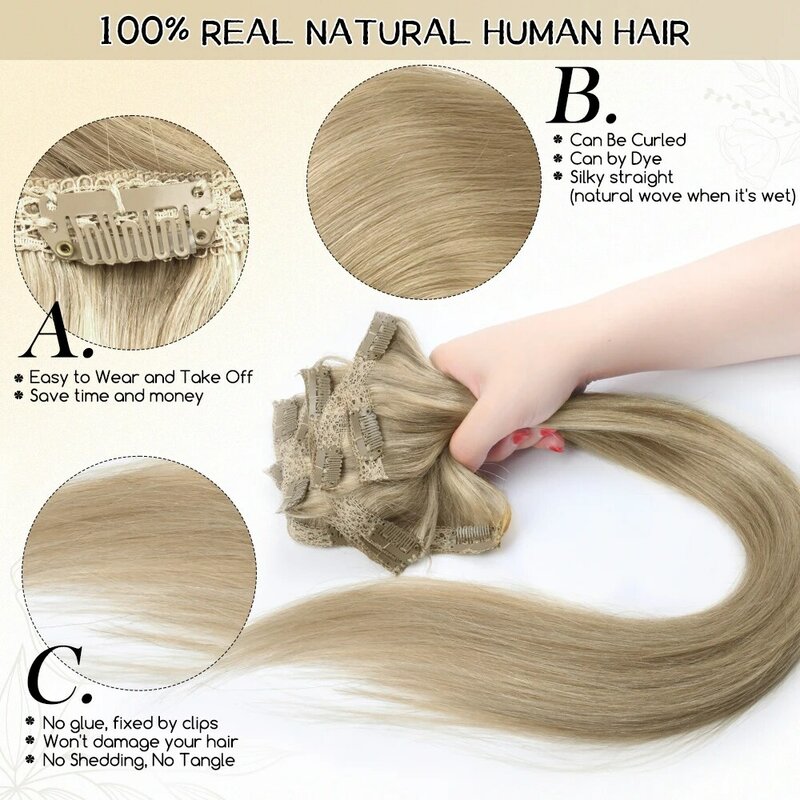 ZURIA klip renda dalam ekstensi rambut manusia 8/16/20/24 "100% jepit rambut kepala penuh panjang asli wig lurus Remy untuk wanita