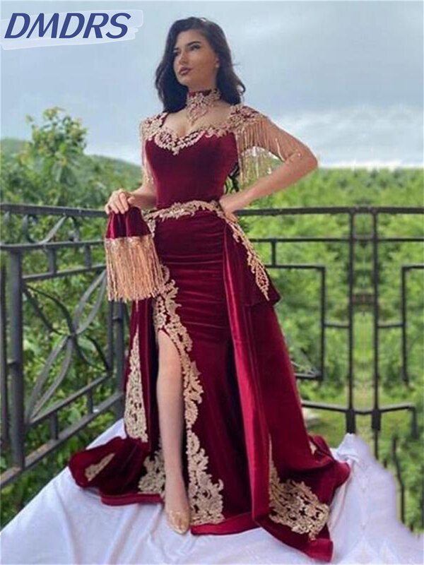 Vestido de noite clássico árabe sereia veludo, vestido de fenda espumante, vestido de renda apliqué, gola alta sexy, vestidos borla, 2022