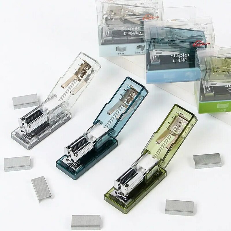 Stapler Mini plastik portabel transparan, mesin pengikat kertas, perlengkapan kantor, alat pengikat trompet, Stapler