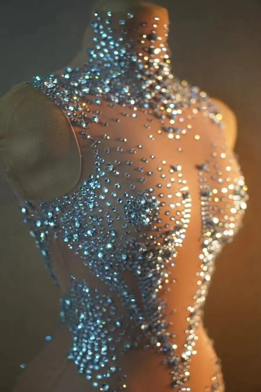 Romper kristal tembus pandang seksi Leotard tari tiang jaring pakaian Festival dewasa klub wanita berlian imitasi satu potong bodysuit