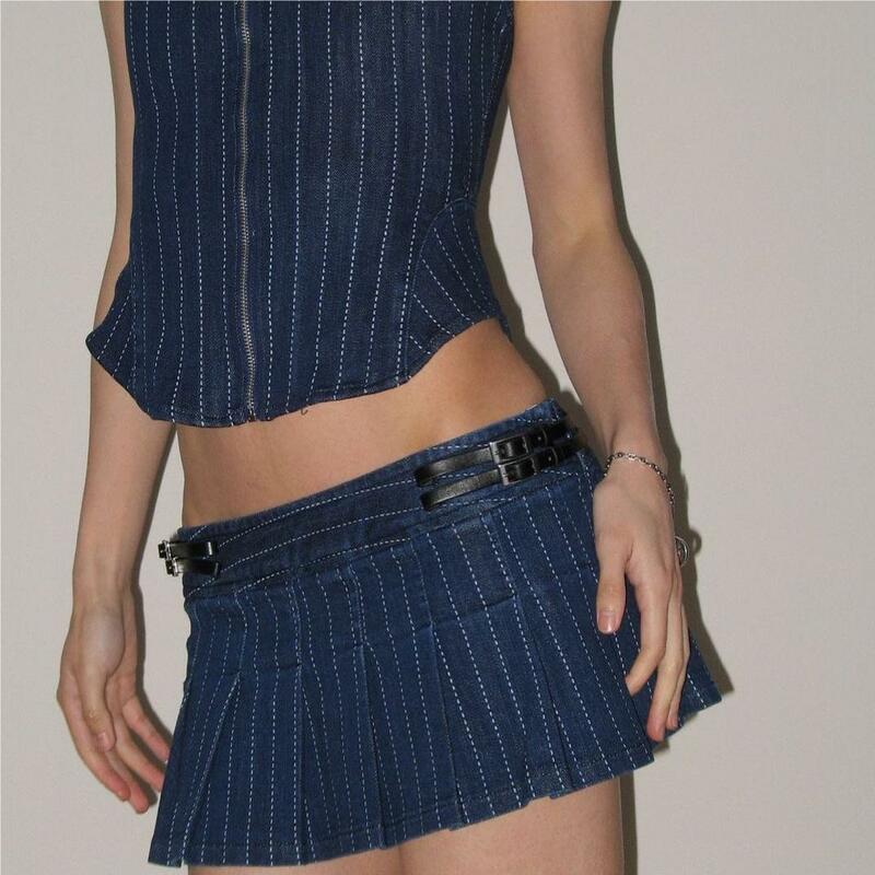 2024 Summer Mini Skirt Y2k Vintage Clothes Korean Fashion Blue Striped Skirts For Women Elegant Pleated Micro Skirts With Belt F