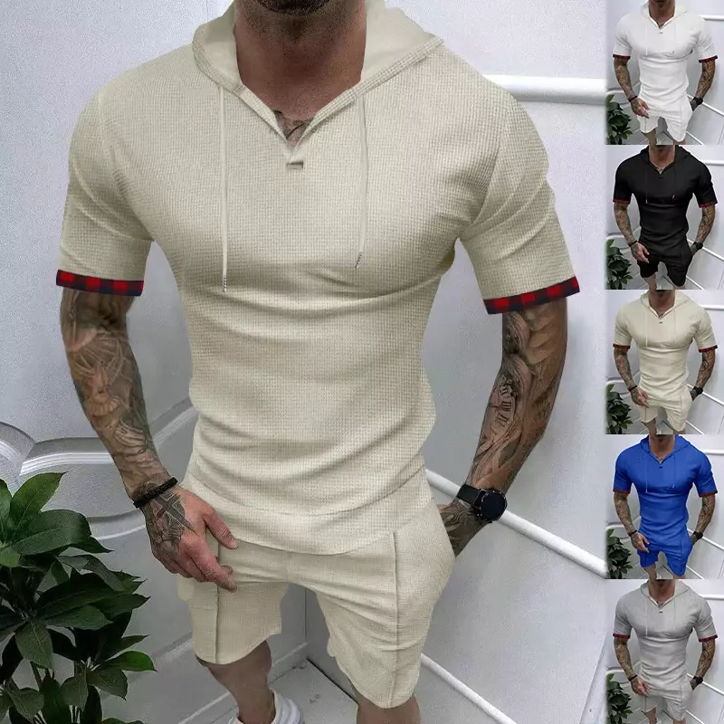 Tops e shorts com capuz de duas peças masculino, roupa casual masculina, capuz de manga curta, terno da moda, verão, 2024