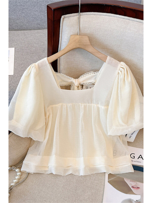 Blusa de damasco feminina, moda vintage coreana, manga curta, camisa com gola quadrada, roupas femininas elegantes, verão, Y2k