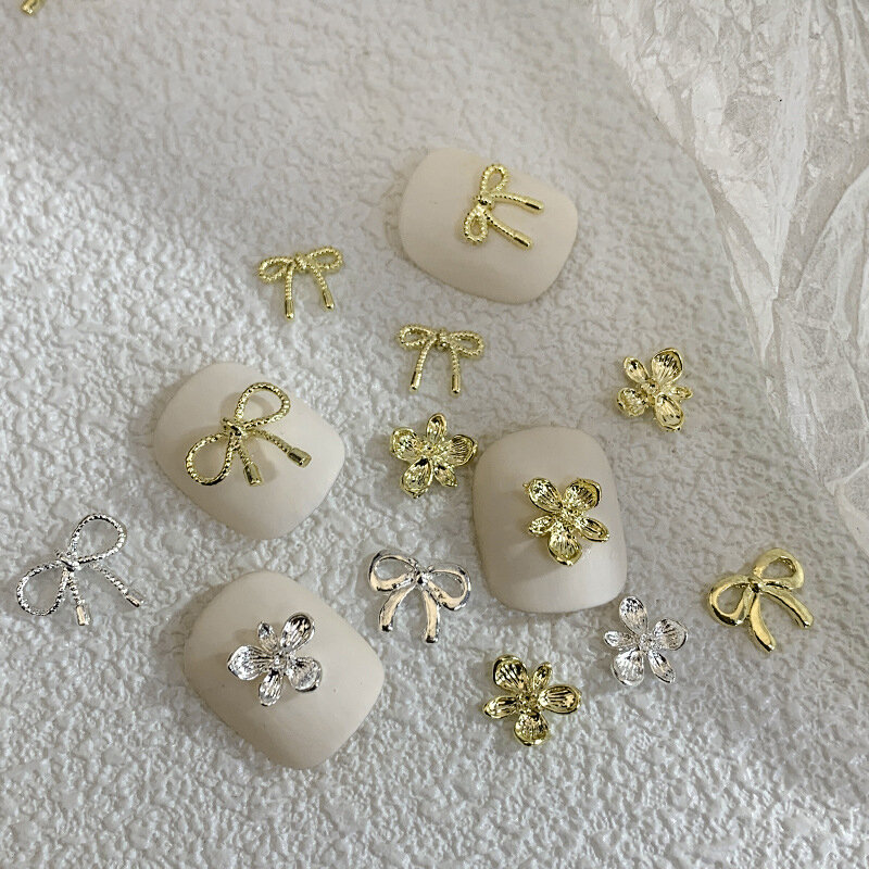 Decoración de uñas con lazo de Metal para niñas, 10 piezas, 3D, flores, encanto, bricolaje, manicura
