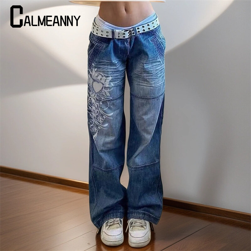 Y2K feminina jeans de perna larga vintage com bolsos, moda de rua casual, calças retas chiques, moda novo estilo, outono, 2024
