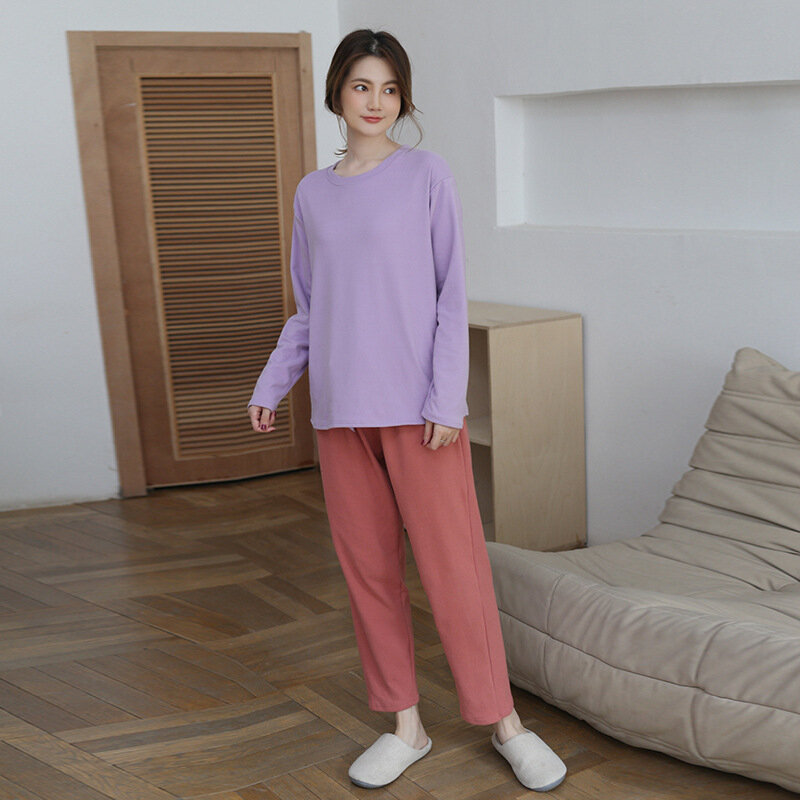 2022 Autumn and Winter New Thick Brushed Long-sleeved Pajamas Pajamas Home Suit Loose Round Neck Top Outer Wear Pajama Set