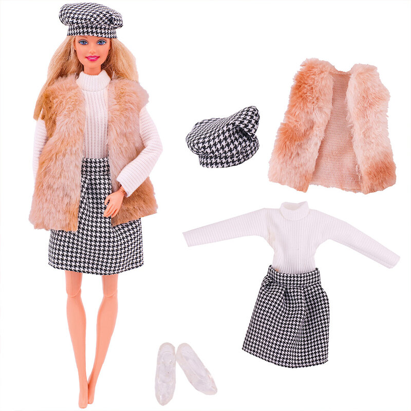 Ropa de muñeca Barbies, chaqueta de felpa + falda de traje de moda + sombrero de boina adecuado para muñeca de 11,8 pulgadas, ropa informal, regalo de zapatos gratis