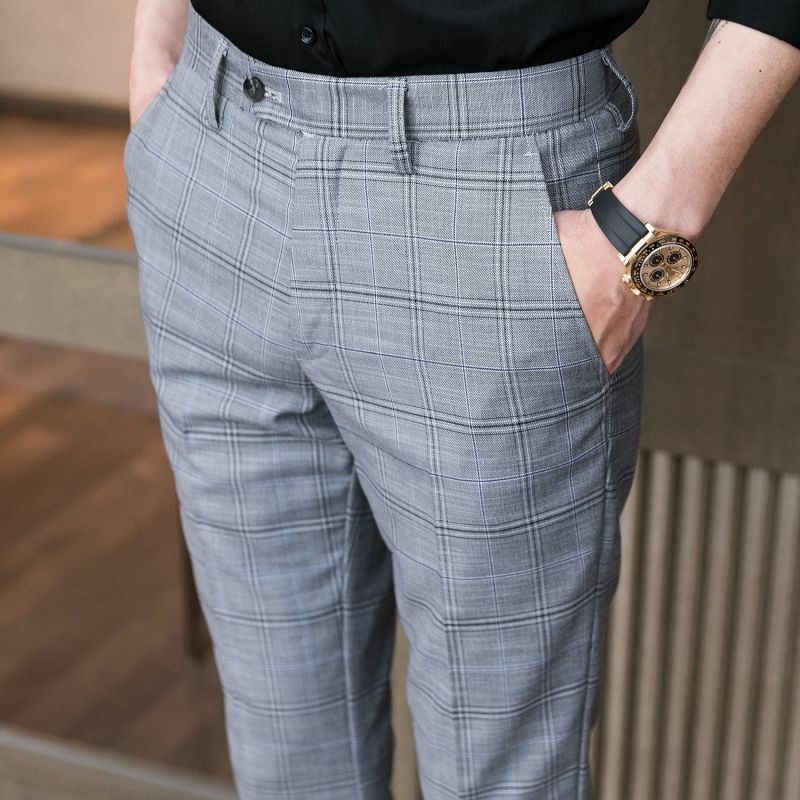 Primavera sottile coreano Trendy Slim Pencil Pants uomo stampato Plaid Patchwork Button Pocket Smart Casual Versatile pantaloni dritti