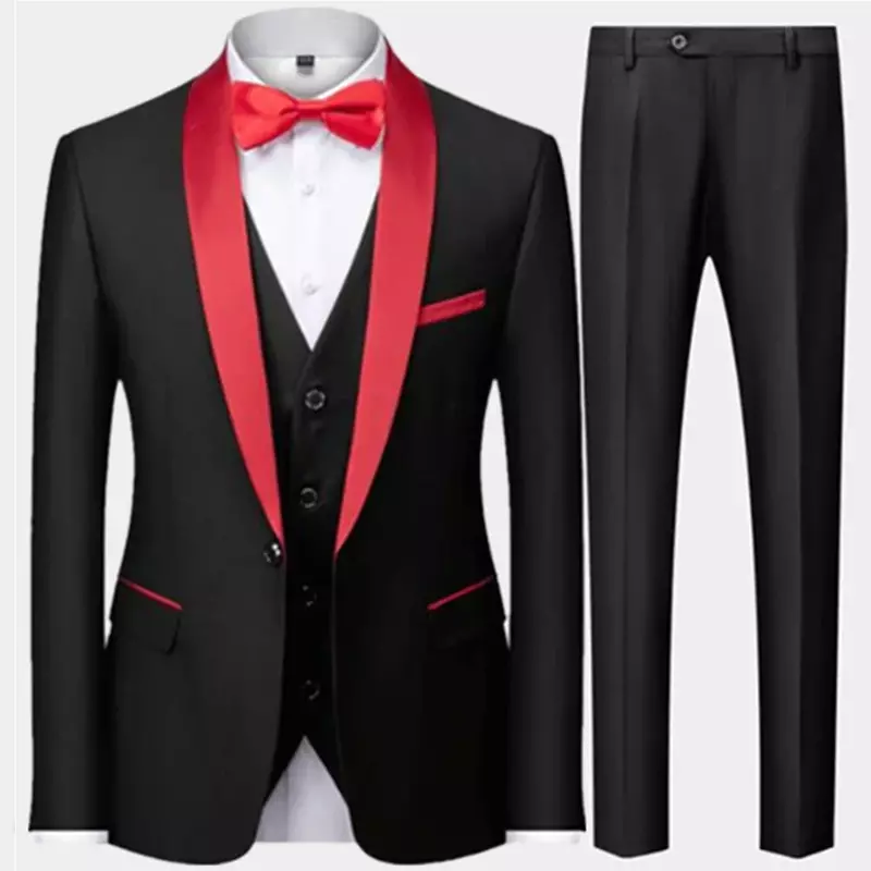 Conjunto de 3 piezas de chaqueta de negocios para hombre, abrigo ajustado, traje de cuello a juego de colores, esmoquin, ocio, pantalones, chaleco, boda