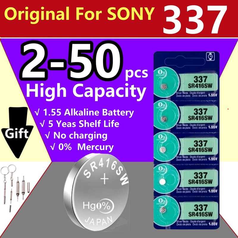 Original For SONY 2-50PCS 337 battery sr416sw button cell batteries 1.55V Silver Oxide battery for mini wireless earpiece watch