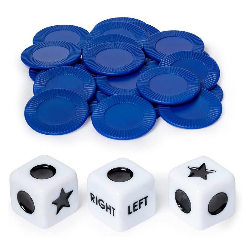 Игра настольная в виде игральных костей с левым и правым кубиками, 3 кубика и 24 чипа