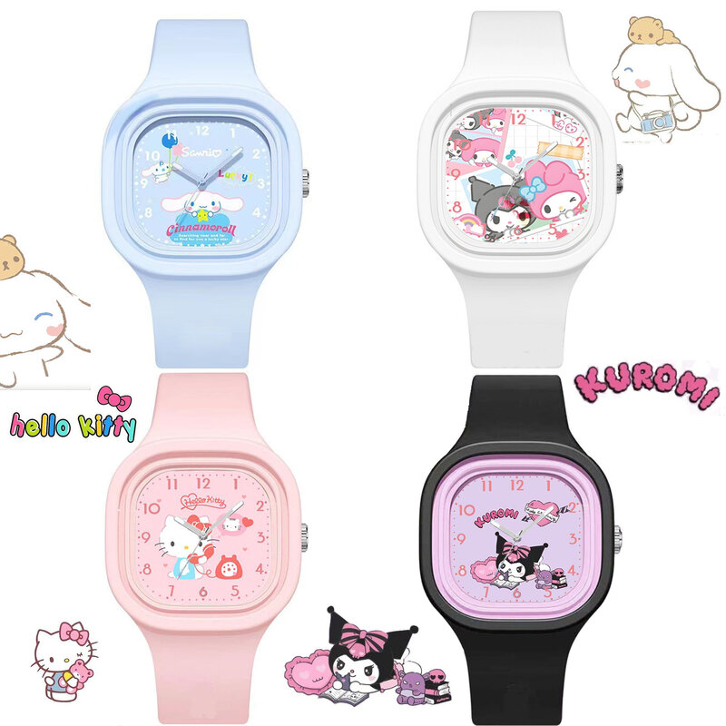 Relógios para desenhos animados infantis, Hello Kitty, Kuromi, pulseira de sílica gel, relógio de quartzo, presente para crianças, meninas, novo