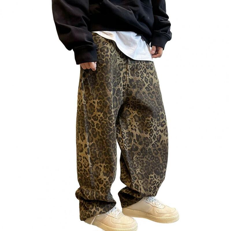 Hip-hop Style Pants Leopard Print Hop Pants with Crotch Breathable Pockets for Men Retro Style Full Length for Streetwear