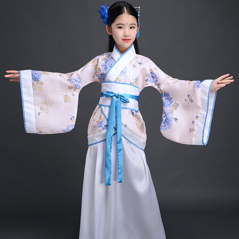 子供のための古代の衣装、女の子の漢服の衣装、qin王朝、パフォーマンスの衣装