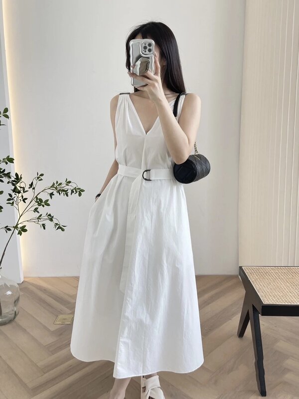 Vestido minimalista recortado exquisitamente, algodón, color sólido, Verano