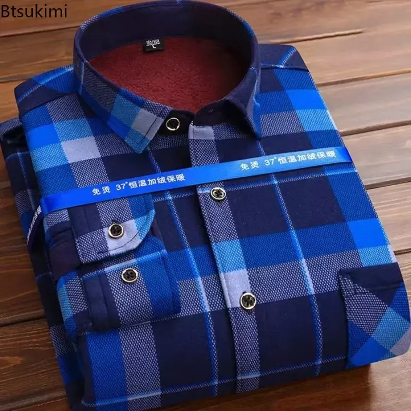 2024 Men's Autumn Winter Thick Warm Long Sleeve Plaid Shirt Thick Fleece Warm Casual Shirts for Men Oversized Plaid Shirts Male
