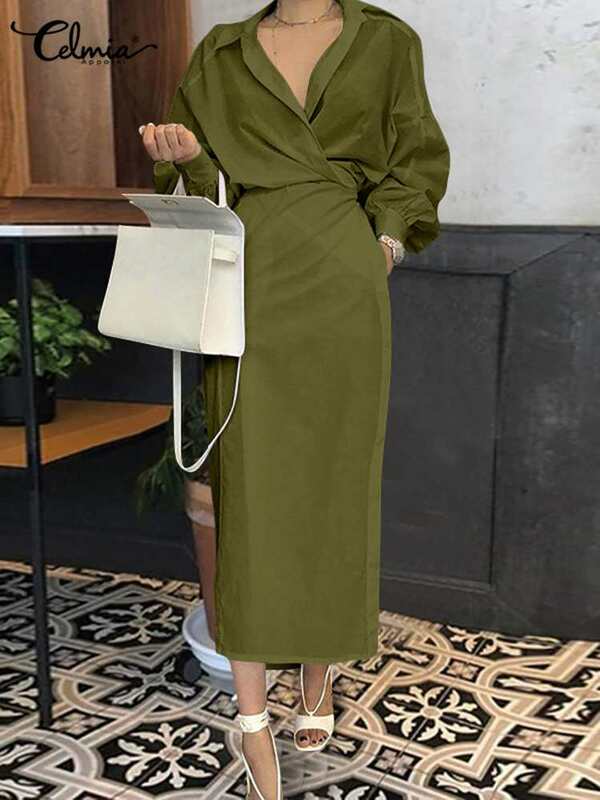 Celmia-vestido Midi plisado de manga larga para mujer, traje elegante de oficina con cinturón, informal, Otoño, 2022