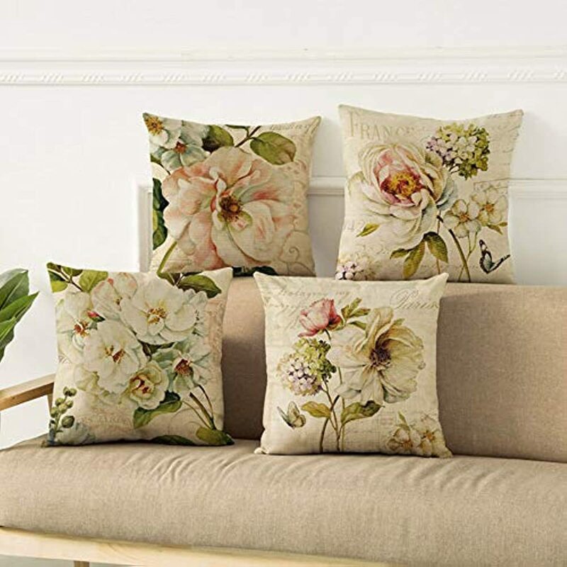 Zestaw 4 w stylu Vintage, wiosenna kwiat ozdobne poszewki na poduszki poszewki na poduszki pokrowce na poduszki juta rzuć poszewki na poduszki
