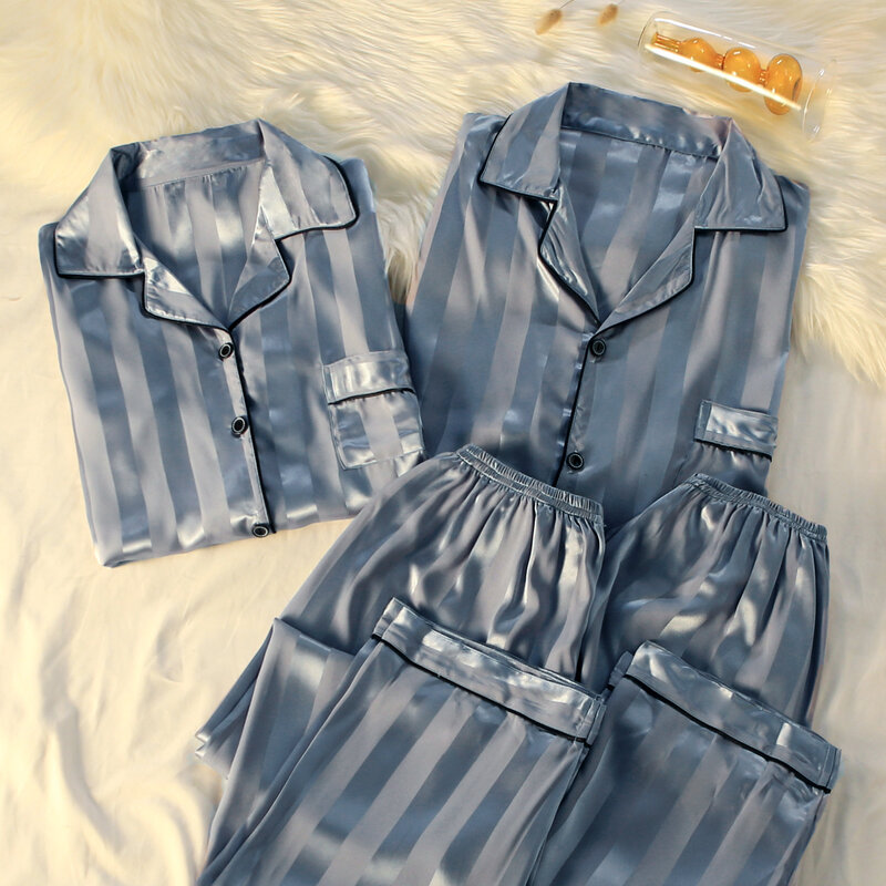 Couple Pajamas Spring Ice Silk Sleepwear Long Sleeved Men Women's Stripes High-quality New big size satin Home Clothing