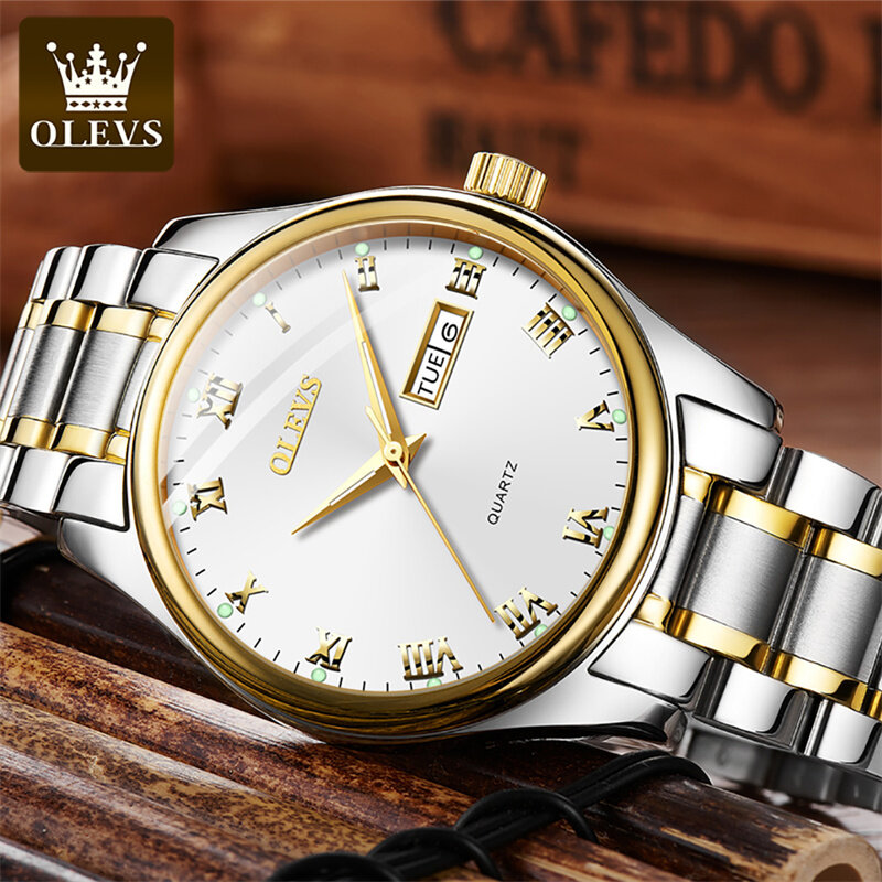 OLEVS-Relógio de quartzo impermeável masculino, pulseira de aço inoxidável, semana, calendário, negócio, marca de moda