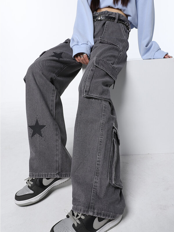 Frauen Grau Jeans Streetwear Vintage Waschen Breite Bein Denim Hosen Y2K Gerade Vier Taschen Baggy Cargo-Jeans Mit Sterne Hosen 2023