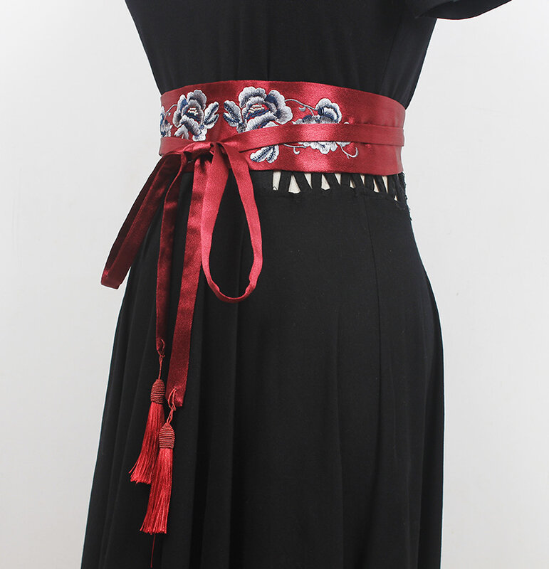 Faja de moda para mujer, lazo bordado de flores que combina con todo, cinturón ancho anudado Retro, elegantes correas de doble bucle