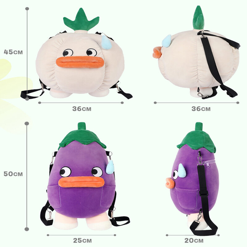 Lifelike Garlic Eggplant Knapsack Plushie Toys Stuffed Cute Plants Sausage Mouth Pillow Soft Backpack Dolls for Girls Kids Gifts