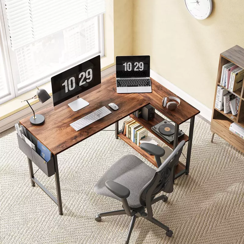 CubiCubi 55-дюймовый маленький L-образный компьютерный стол с полками для хранения, угловой стол для дома и офиса, письменный стол, темно-коричневый