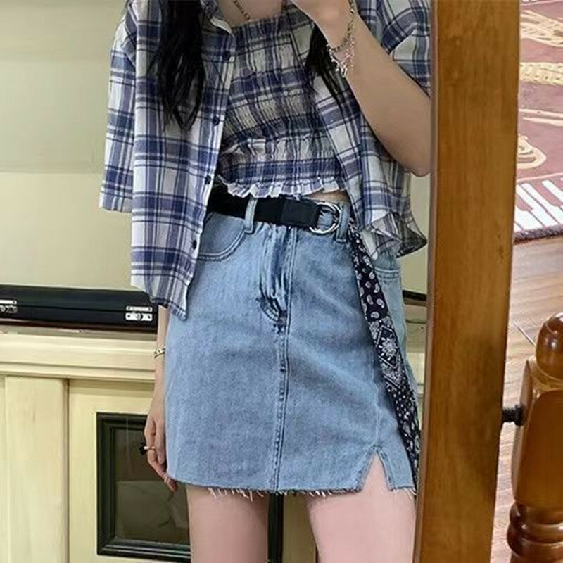 Jupe en jean taille haute pour filles, nouvelle version coréenne, jupe courte trapèze, hanche enveloppée, printemps, été, 2024