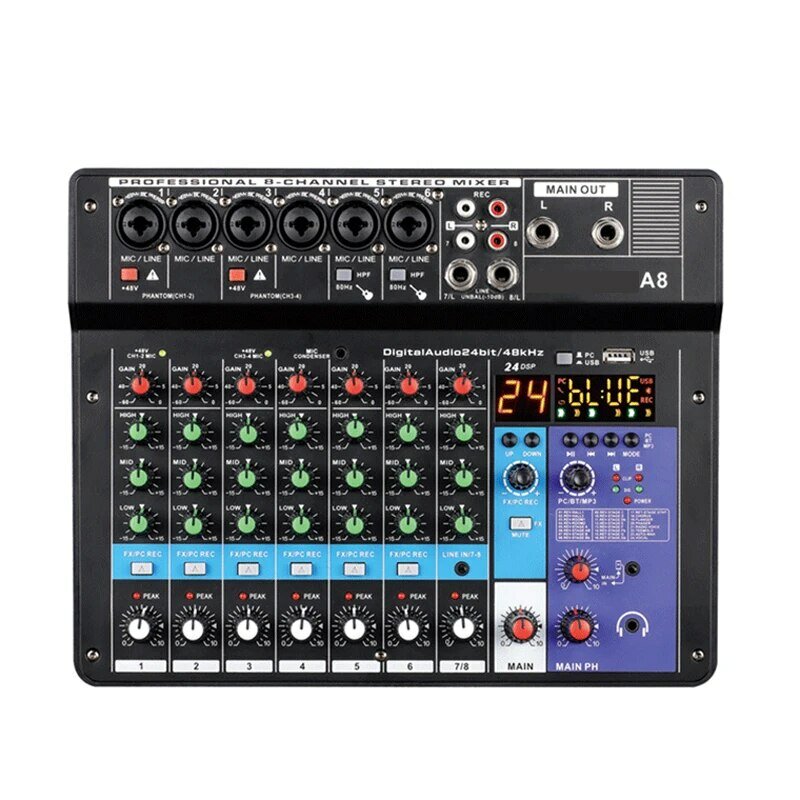 Mixer Audio profesional A8 konsol Mixing suara 8 saluran, Mixer Audio profesional mendukung Bluetooth USB 48V Antarmuka Daya untuk perekaman pesta Karaoke