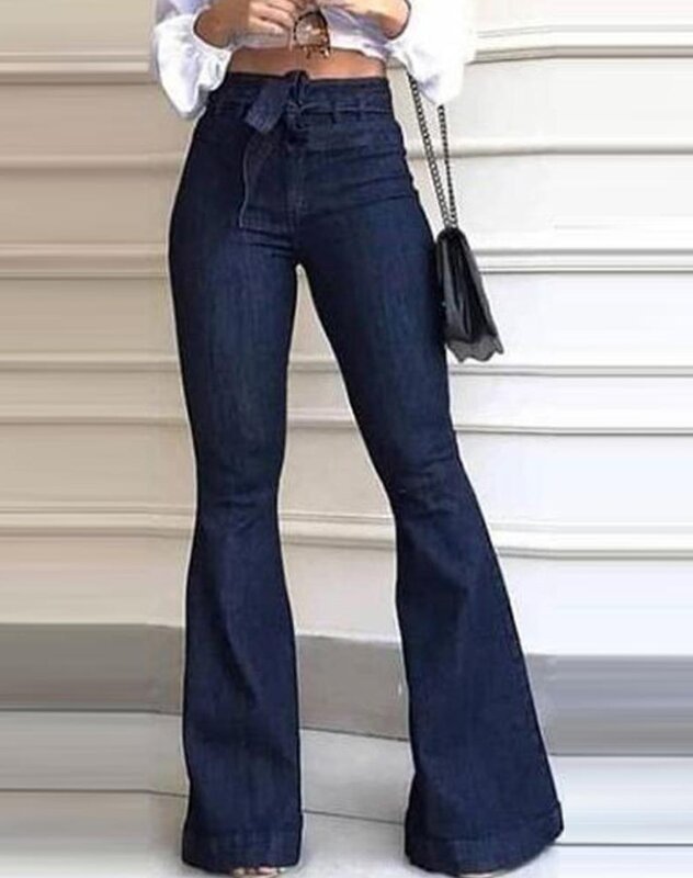 Celana Jeans kaki menyala wanita, pakaian kasual elegan pinggang tinggi desain saku baru