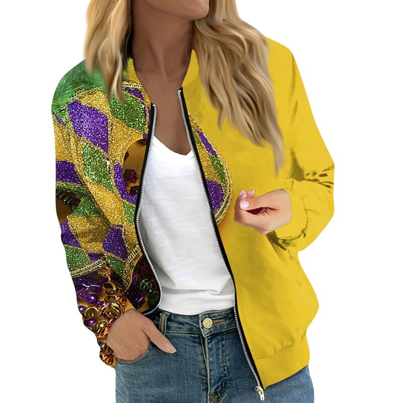 Jaket untuk wanita lengan panjang risleting ringan crop modis-forward Mardi Gras Print pakaian luar kasual quilt personalisasi
