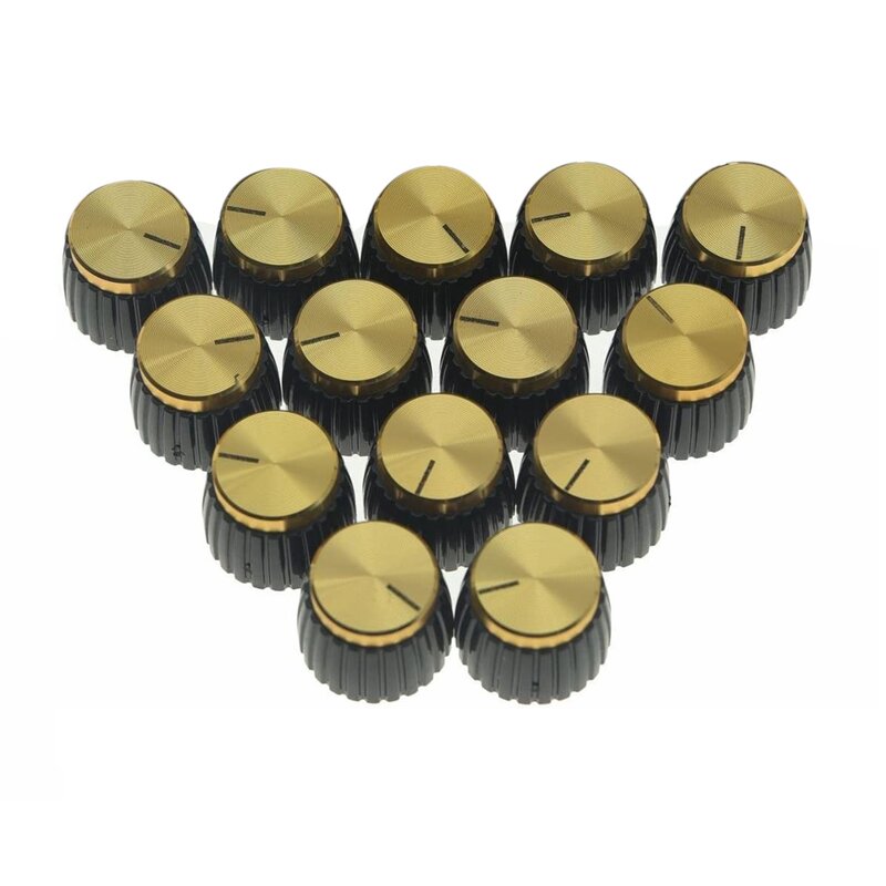 15 Stuks Gitaarversterker Push On Fit Knoppen Zwart Met Goud Aluminium Cap Top Past 6Mm Diameter Potten Marshall Versterkers