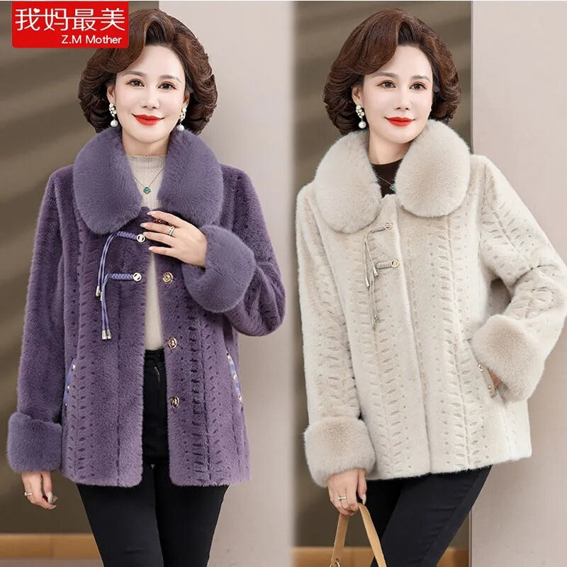 Mantel bulu domba imitasi untuk wanita, atasan wol imitasi Musim Semi dan Musim Gugur, pakaian kasual usia menengah, mantel bulu domba imitasi untuk wanita