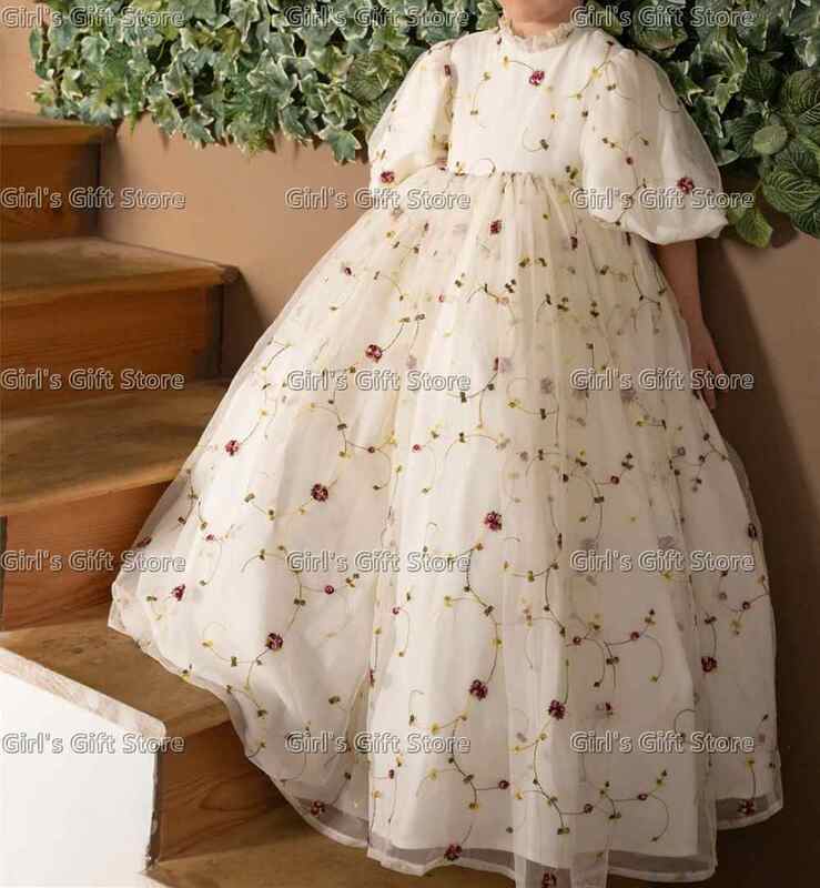 Gaun perempuan bunga Tule bordir untuk pernikahan gaun ulang tahun kontes kecantikan lengan balon Puffy gaun anak perempuan leher tinggi