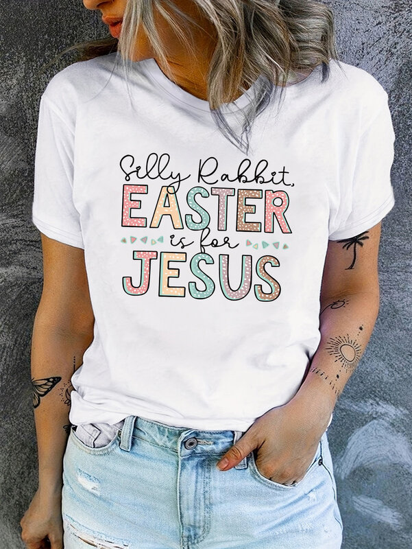Camiseta estampada de Páscoa feminina, manga curta, gola redonda, blusa casual, roupas de primavera e verão