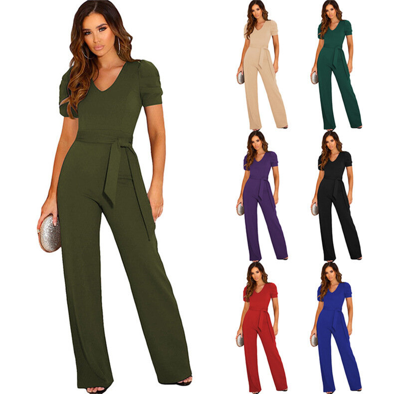 TRAF Summer Europe and America New Lace-up Slim Waist Jumpsuit Women's Solid  V-neck Short Sleeve Wide Leg Pants