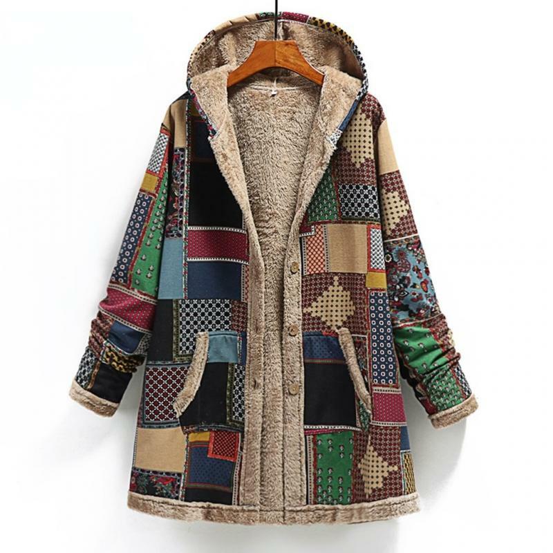 Chaqueta larga con capucha para mujer, abrigo cálido con estampado de lana gruesa con bolsillo, ropa de abrigo suelta para mujer, Invierno