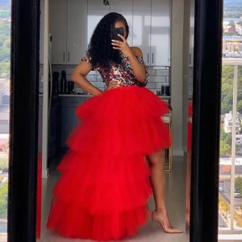 MisShow Hi-Low Skirts 2024 Women's Red Tulle Skirt Layered High Waist Jupe Femme Faldas Long Tiered To Party Female Maxi