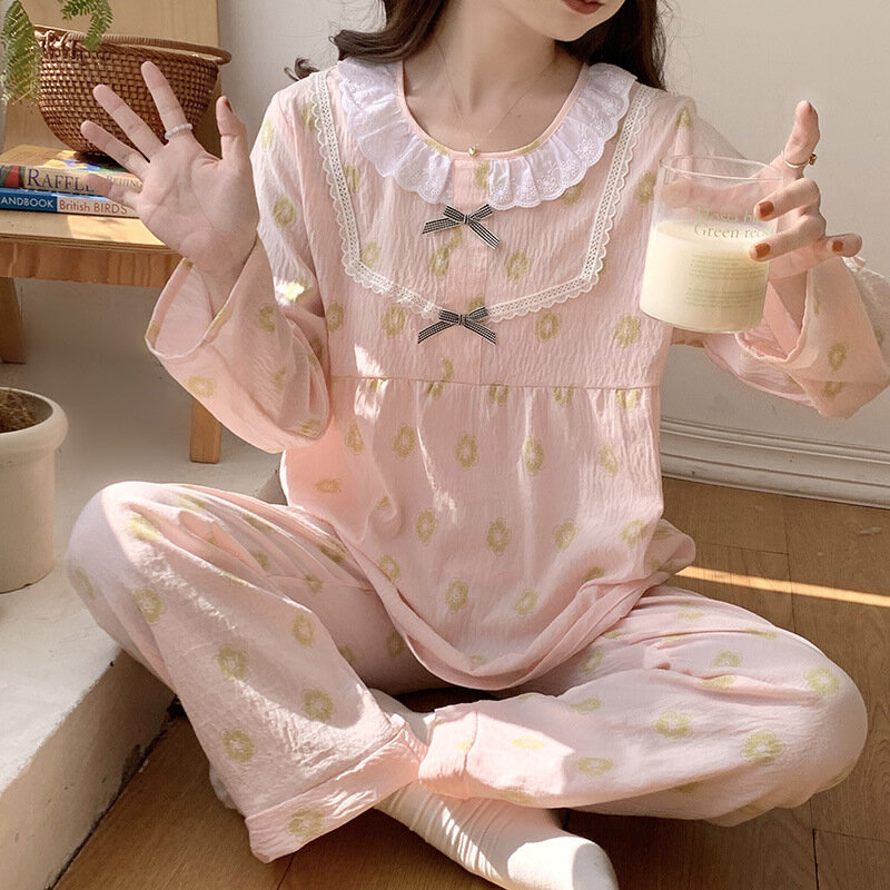 Rundhals ausschnitt Spitzen besatz Home Wear dünne Wolke Baumwolle Nachthemd Langarmhose Pyjama zweiteilige Set Lounge-Kleidung für Frauen
