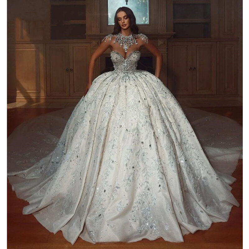 Luxury Strapless Diamonds Crystal Dubai Wedding Dress Ball Gown Sweetheart Sleeveless Beading Saudi Arabic Bridal Gown Vestidos