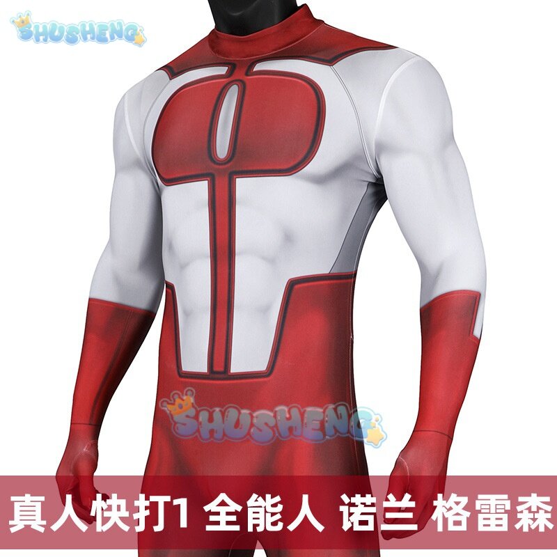 Halloween Onoverwinnelijk Cosplay Jumpsuits Omni Man Kostuum Superheld Nolan Grayson Zentai Print Bodysuit Met Cape
