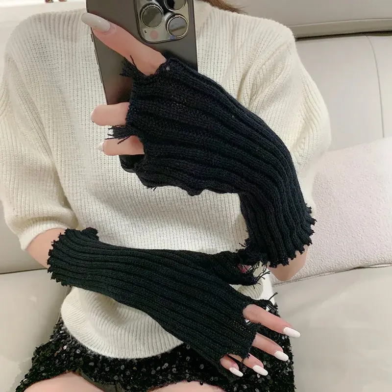 1 pair Black Tattered Punk Unisex Fingerless Cuff Knit Gloves Women Men Elbow Length Mittens Broken Stretch Arm Warmer Gloves